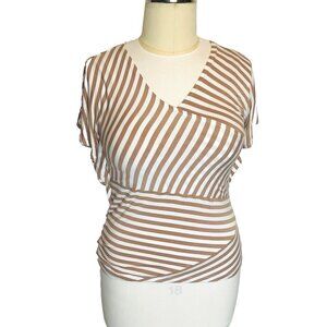 Women's L Blouse Design 365 Beige White Varied Stripe Wrap VNeck Peplum